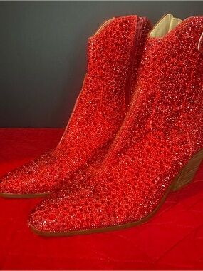 Betsey Johnson Red Cady Glass Rhinestone Ankle Boots